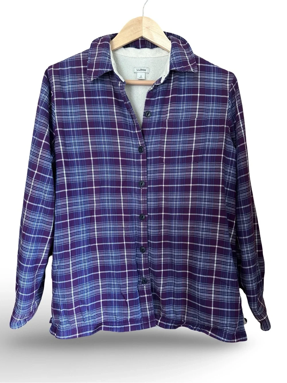 LL Bean Fleece Lined Flannel Shirt Purple Plaid Sz S
